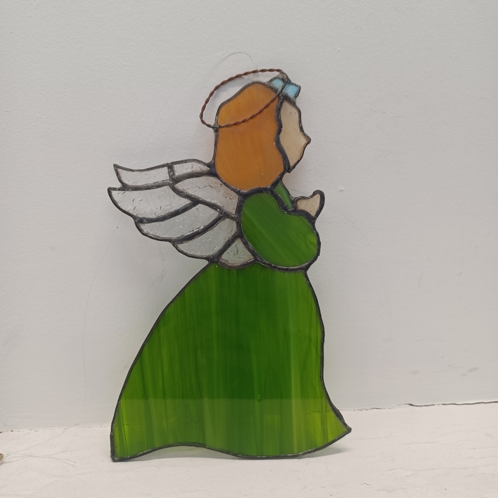 Vintage Stained Glass Praying Angel With Hallow - Suncatcher Window Decor